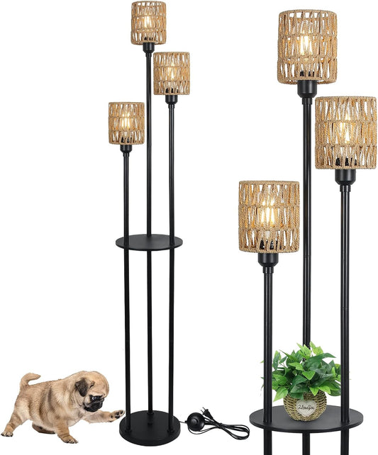 Boho Floor Lamp with Shelves 3-Lights Farmhouse Tall Floor Lamp with ON/OFF Foot Switch Rustic Standing Lamp with Rattan Shades eprolo
