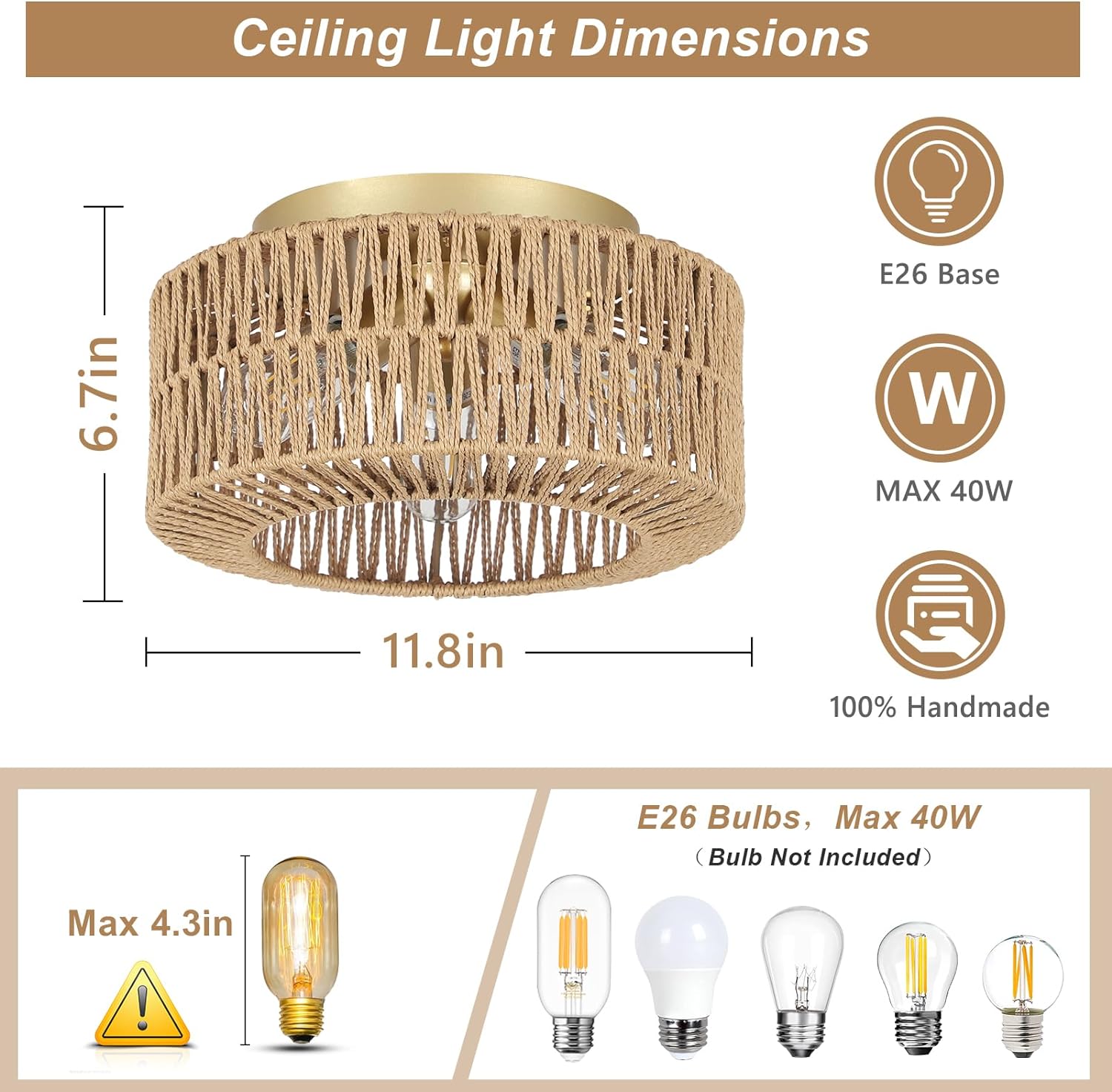 Boho Light Fixtures Ceiling Mount 3-Light Farmhouse Rattan Ceiling Light Fixture Flush Mount Ceiling Light with Hand-Woven Shade eprolo