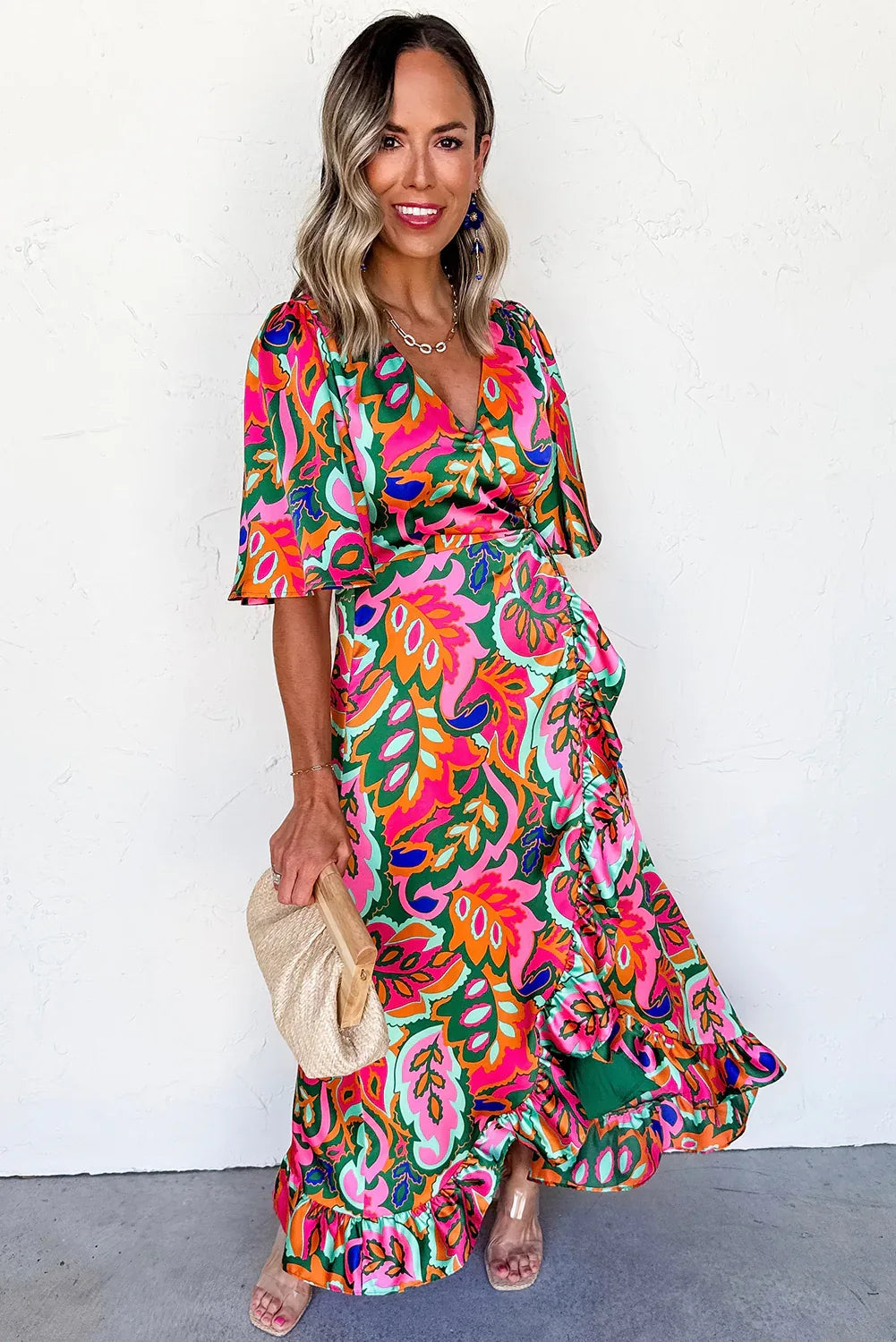 Rose Tropical Plant Print Surplice V Neck Ruffle Hem Maxi Dress - Shello's Creative Boutique