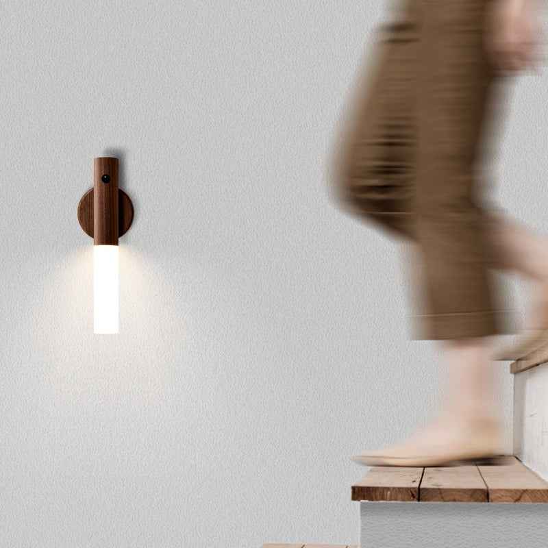 Intelligent Body Sensor Lamp USB Rechargeable Wood Grain Table Lamp for Bedroom and Corridor