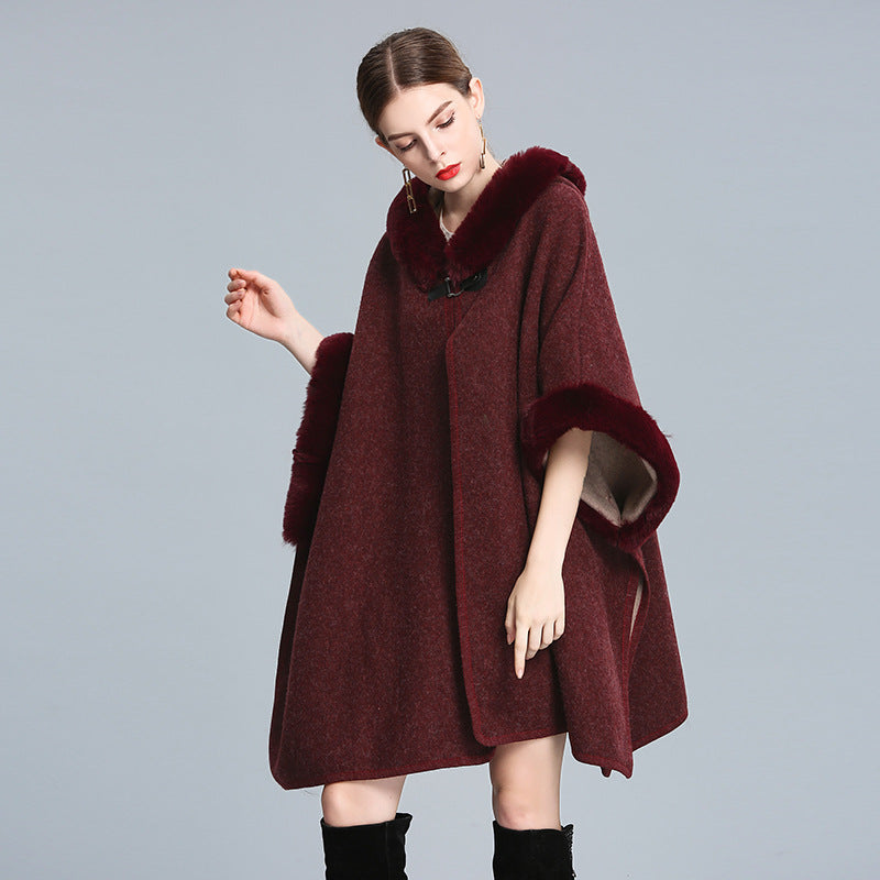 Imitation otter rabbit fur collar hooded shawl cape plus size woolen coat loose cardigan for women eprolo