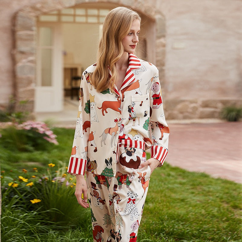 Ins style pajamas women autumn long-sleeved trousers lapel imitation silk thin home clothes set eprolo