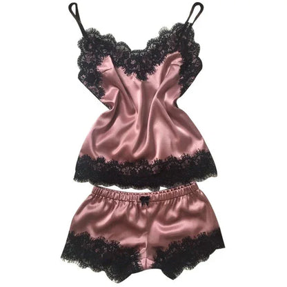 Satin Lace Pyjama Set - Black Cami Top & Shorts - Shello's Creative Boutique