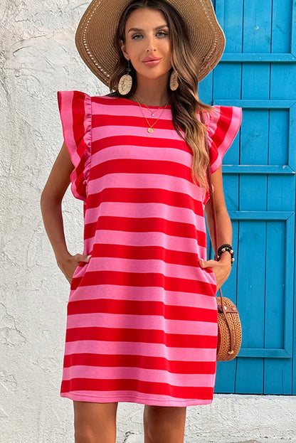 Green Stripe Flutter Sleeve Round Neck Shift Mini Dress - Shello's Creative Boutique