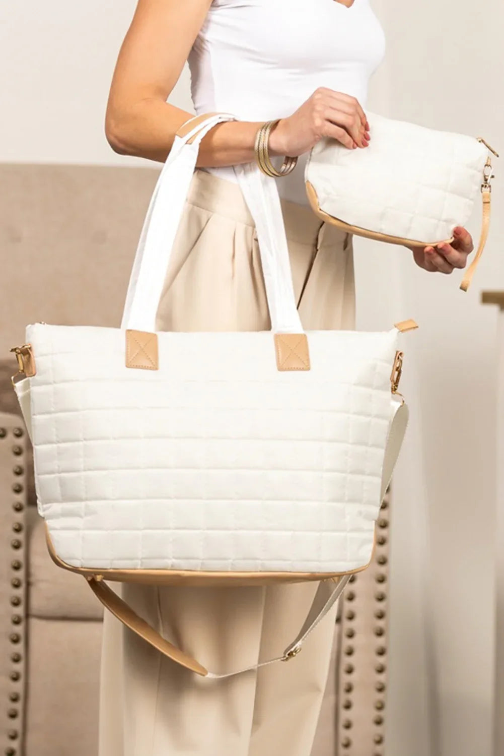Camel Quilted Patchwork Large Tote Bag and Clutch 2pcs Set - Shello's Creative Boutique