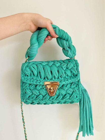 Women Crochet Shoulder Bag - Hand Woven Crochet Tassel Bag with Fried Dough Twists - Shello's Creative Boutique