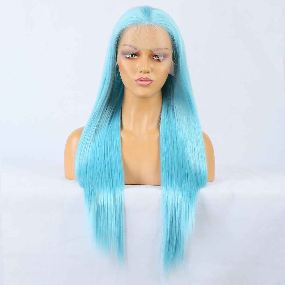 Blue Front Lace Ladies Synthetic Wig Headgear Long Straight Hair