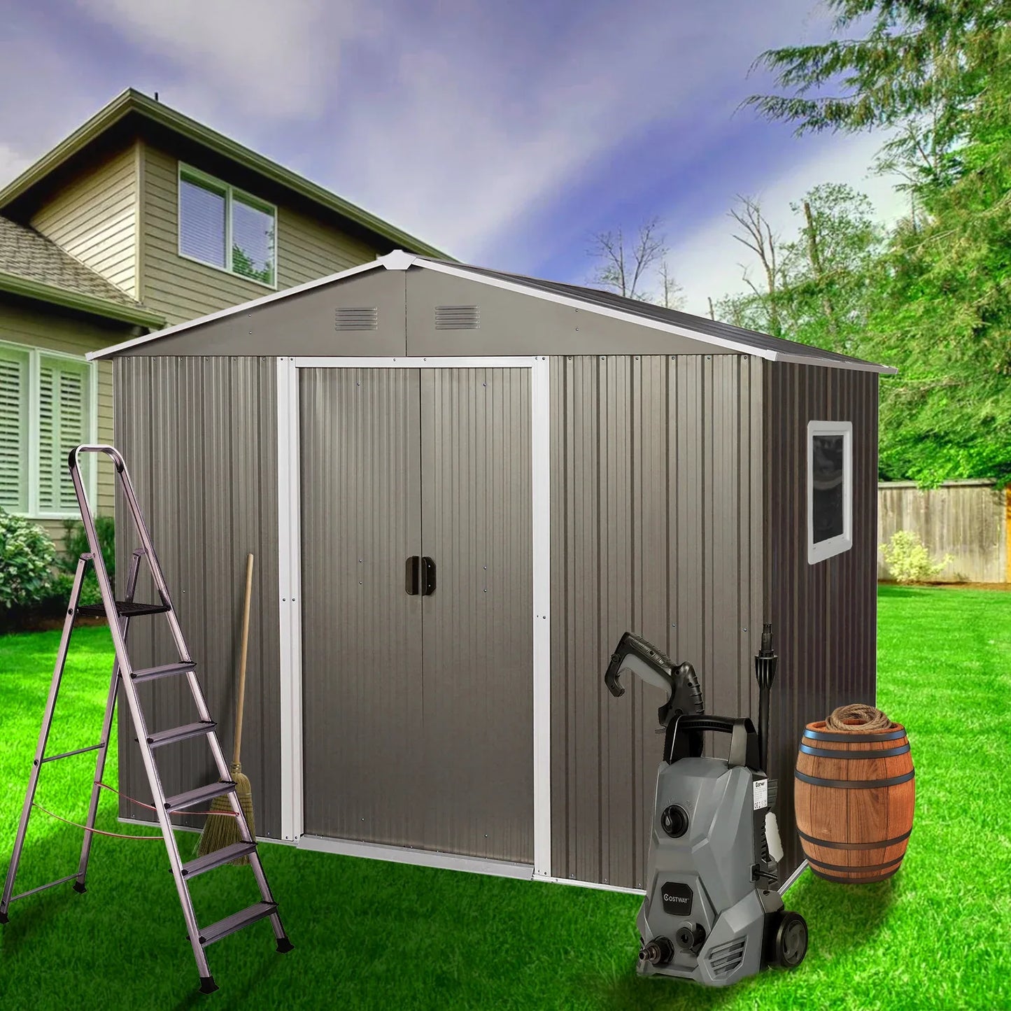 8ft x 6ft Outdoor Metal Storage Shed with Window Grey(W540S00016) - Shello's Creative Boutique