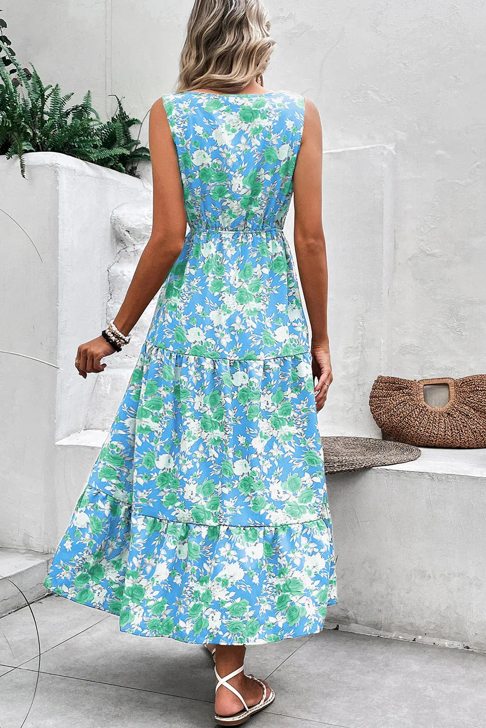Sky Blue Floral Print Trimmed V Neck Sleeveless Vacation Dress - Shello's Creative Boutique