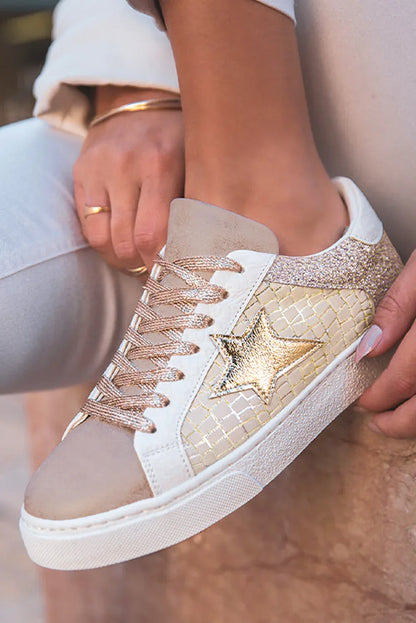 Silver Glitter Star Sneakers - PU Leather Patchwork Trainers - Shello's Creative Boutique