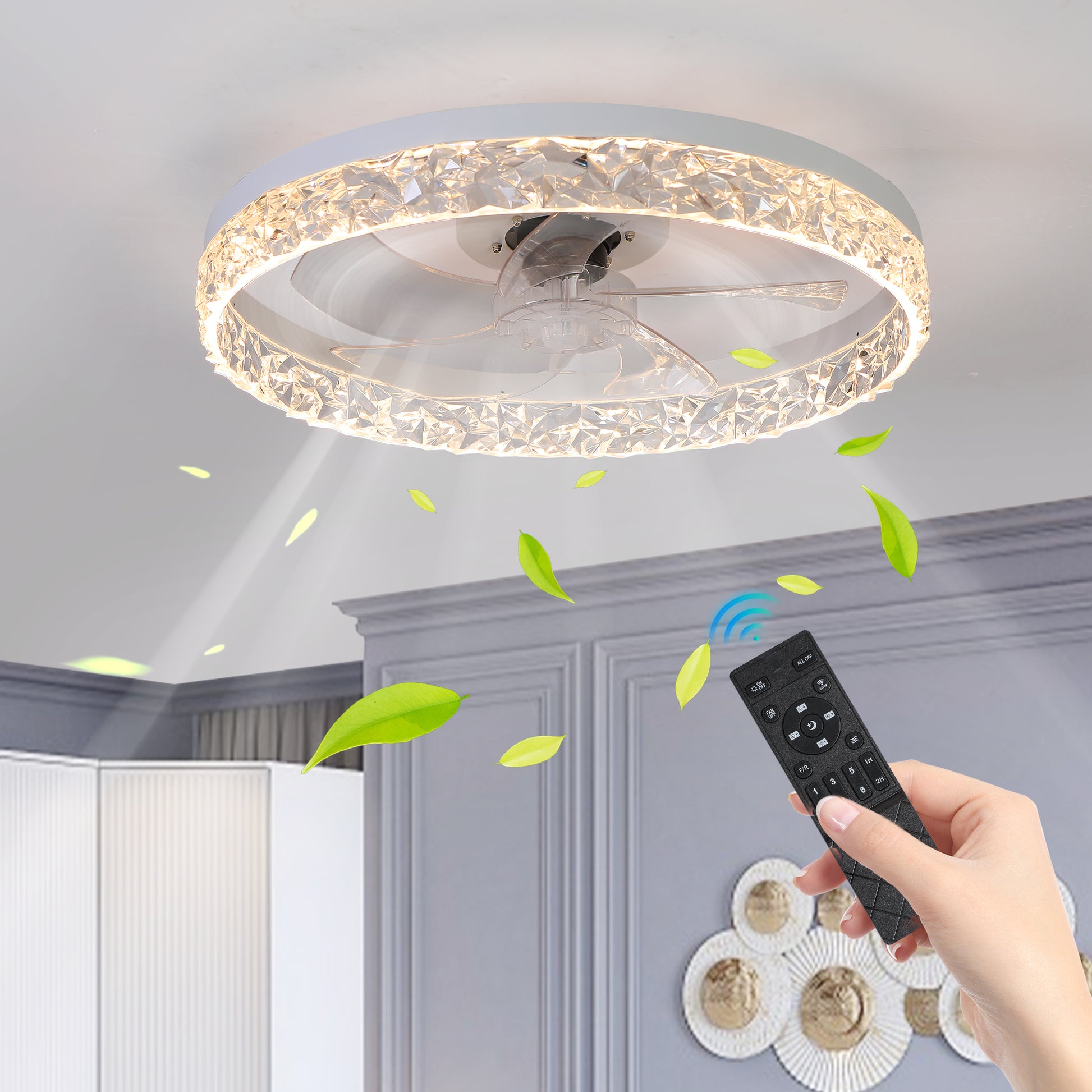 Modern acrylic ceiling fan light with remote control, dimmable LED pendant light, 6-speed adjustable, silent motor eprolo