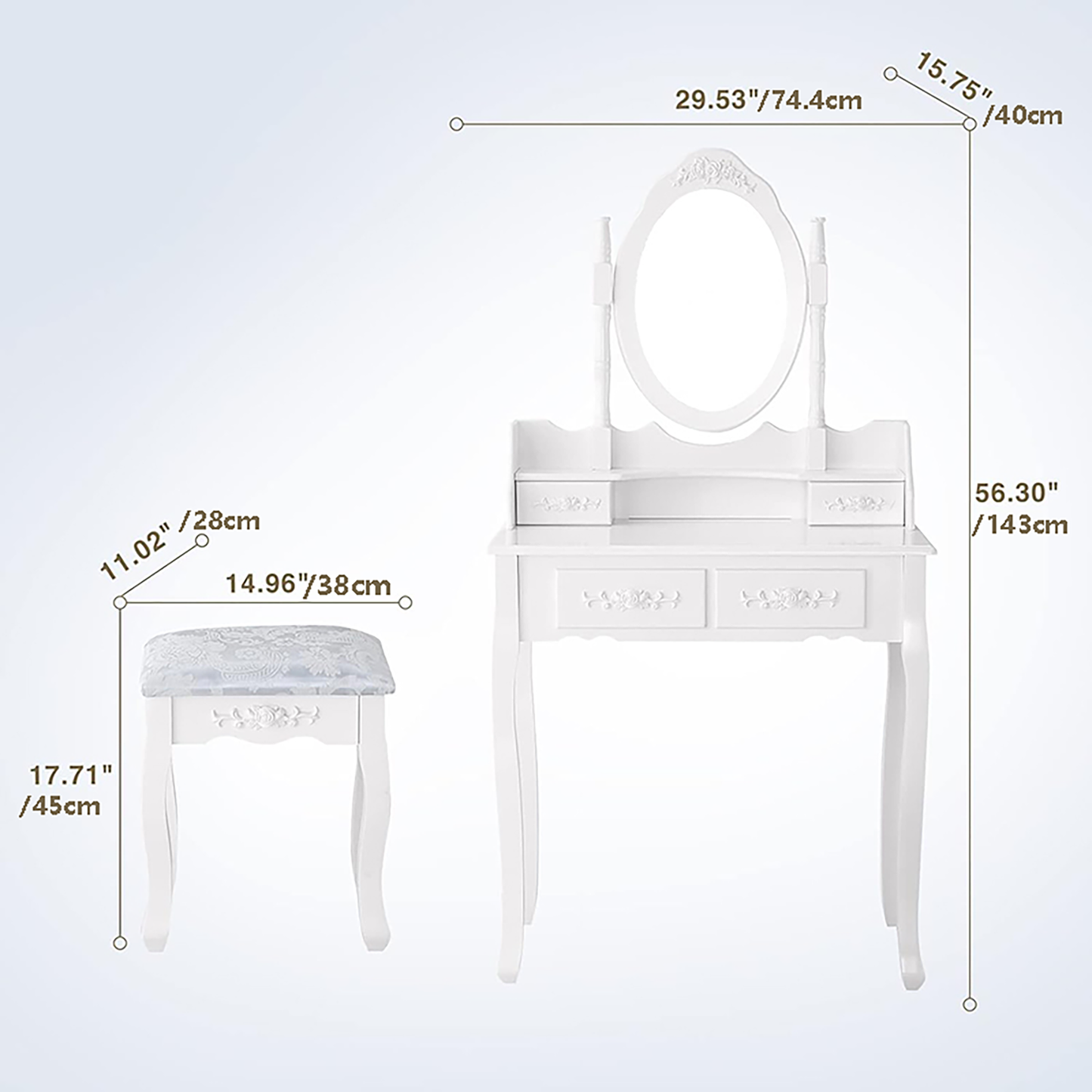 Vanity Table Set with 4 Drawer, Makeup Dressing Table w/Cushioned Stool, Girls Women Bedroom Furniture Set Oval Mirror eprolo