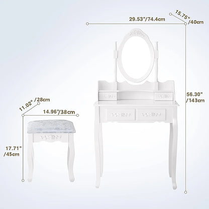 Vanity Table Set with 4 Drawer, Makeup Dressing Table w/Cushioned Stool, Girls Women Bedroom Furniture Set Oval Mirror - Shello's Creative Boutique