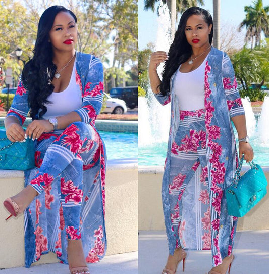 Plus Size Sexy two Piece Set Women clothes Cardigan Cloak Long Top And Bodycon Pant Matching Sets eprolo