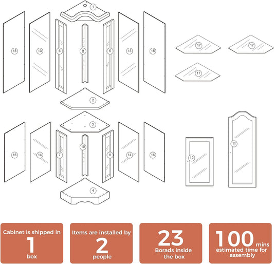Corner Curio cabinet, adjustable tempered glass frame, rearview mirror, display cabinet, walnut wood (excluding E26 bulbs) eprolo