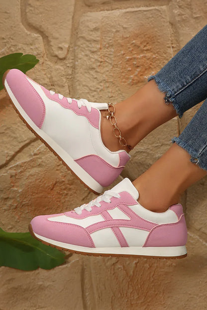 Pink Contrast Lace-Up Sneakers - Round Toe Casual Trainers - Shello's Creative Boutique