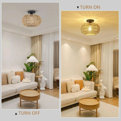 Rattan Light Fixtures Ceiling Mount Light Fixture with Dimmable LED Bulb Mini Hand Woven Rattan - Shello's Creative Boutique
