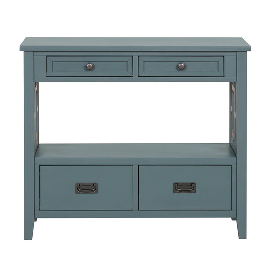 Farmhouse Pine Console Table - 36" Entry Table with 4 Drawers & Storage Shelf in Blue - Shello's Creative Boutique