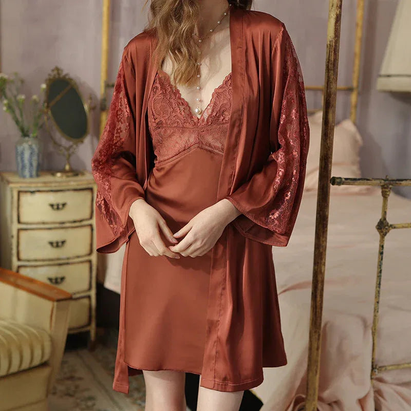 Sexy Ice Silk Satin Pyjamas Set - 2-Piece Lace Nightwear - Shello's Creative Boutique