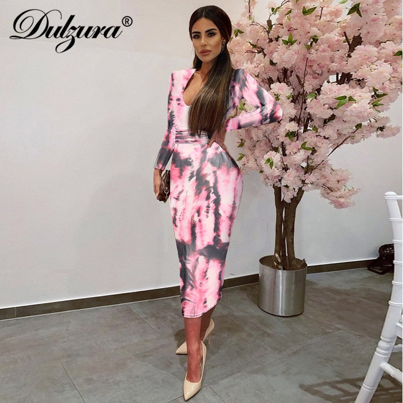 Dulzura tie dye print women midi dress long sleeve bodycon sexy bandage bodycon sexy autumn winter clothes party dinner eprolo