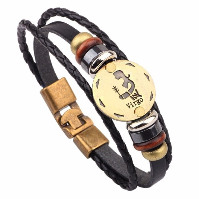 12 Horoscope Leather Bracelet Men Jewelry Vintage Retro Charm Bracelet Male Jewelry 8.2 eprolo
