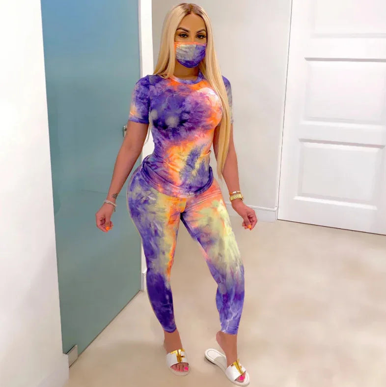 Tie-Dye Two Piece Set Women Summer Clothes Casual Sportswear 2 Piece Outfit for Women Sweat Suit Short Sleeve Top and Shorts Set include Mask - Shello's Creative Boutique