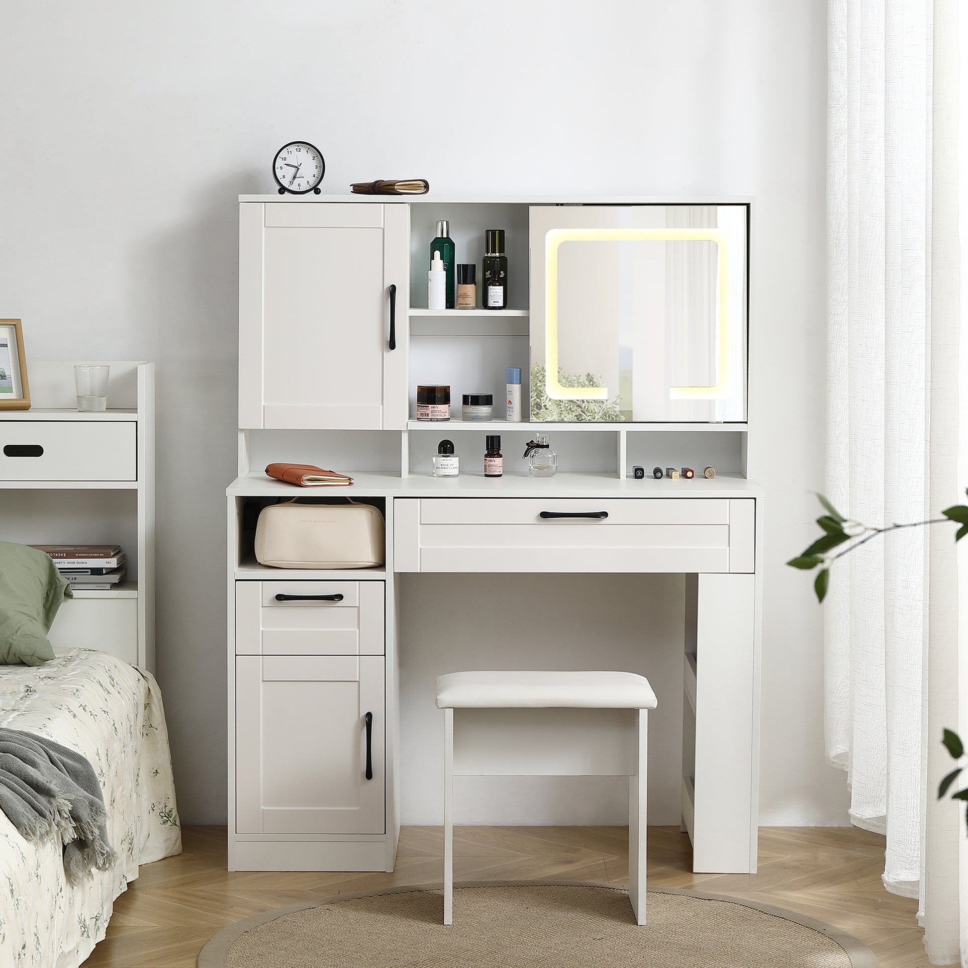 Vanity table with large sliding lighted mirror dressing table with 2 drawers storage shelves and upholstered stool white color eprolo