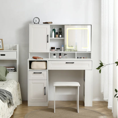 Vanity table with large sliding lighted mirror dressing table with 2 drawers storage shelves and upholstered stool - Shello's Creative Boutique
