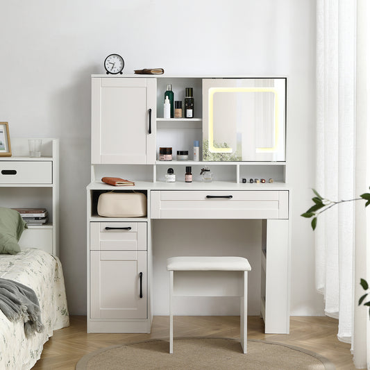 Vanity table with large sliding lighted mirror dressing table with 2 drawers storage shelves and upholstered stool white color eprolo