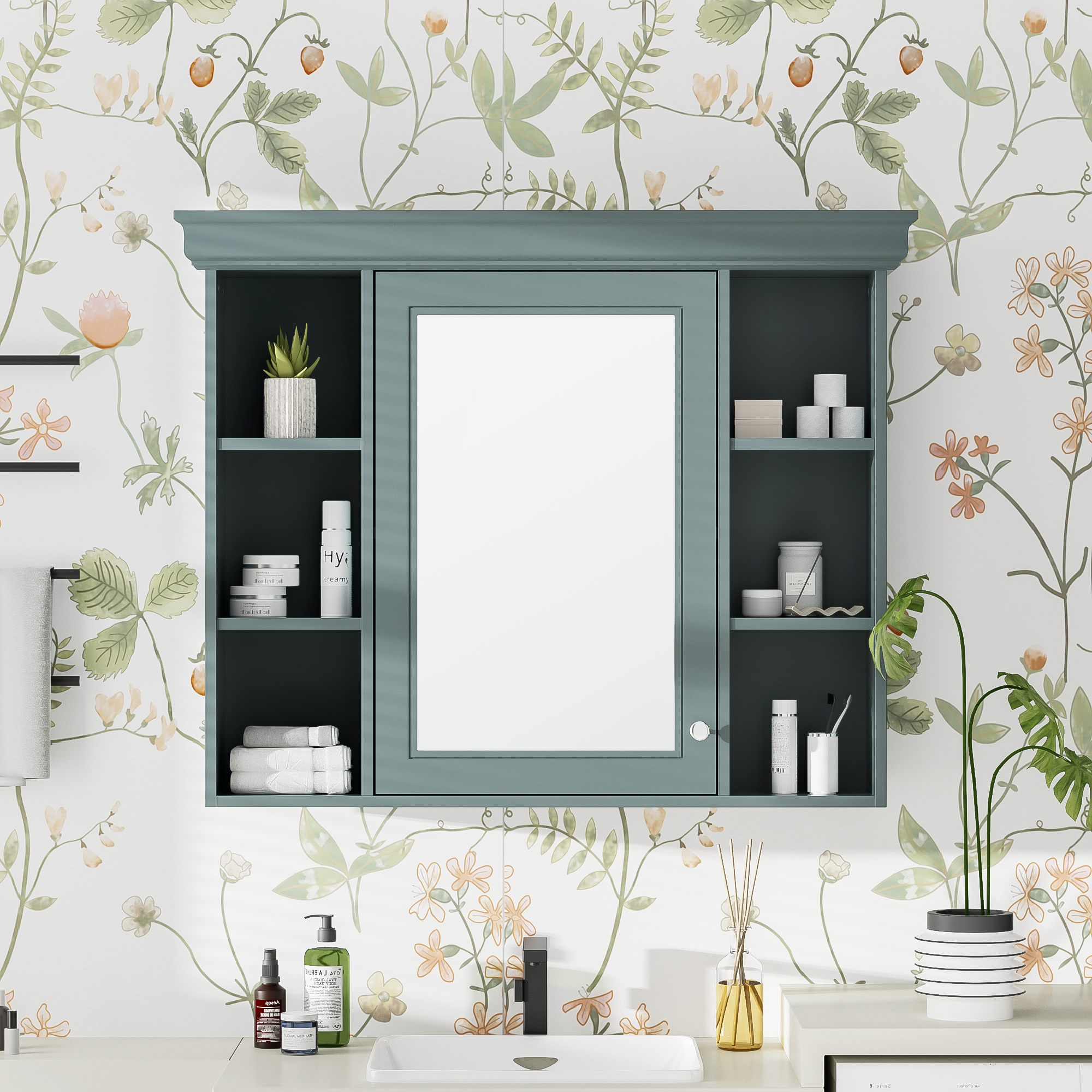 35 ''x 28' 'blue wall mounted bathroom storage cabinet with mirror door and medication cabinet with 6 open shelves eprolo