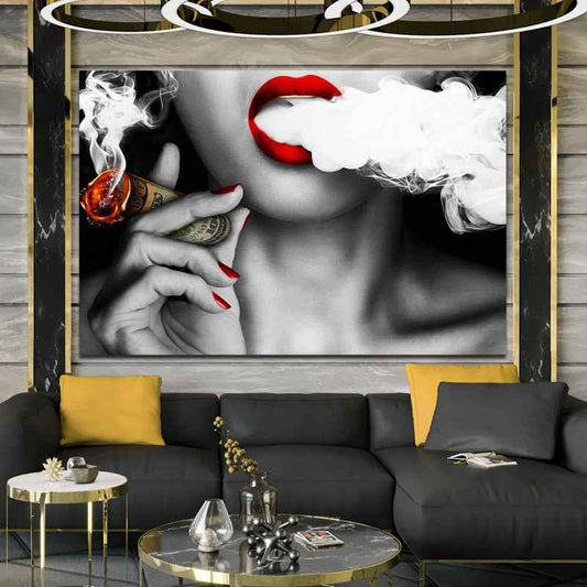 Abstract Portrait Wall Art - Modern Canvas Painting of Women with Smoke and Money for Creative Decor