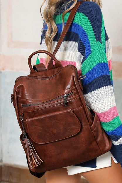 Dark Brown Tassel Retro PU Large Capacity Backpack – Vintage Chic - Shello's Creative Boutique