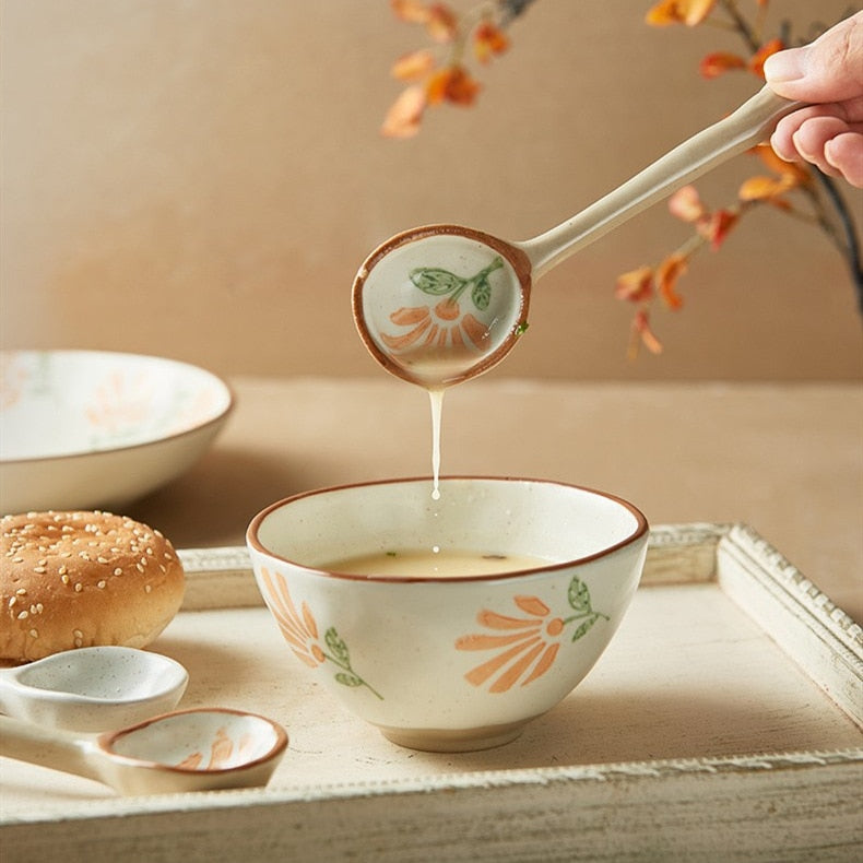 Ins Style Japanese Style Stoneware Small Soup Spoon Ceramic Spoon, Long Handle Spoon Household Cute Creative Rice Spoon eprolo