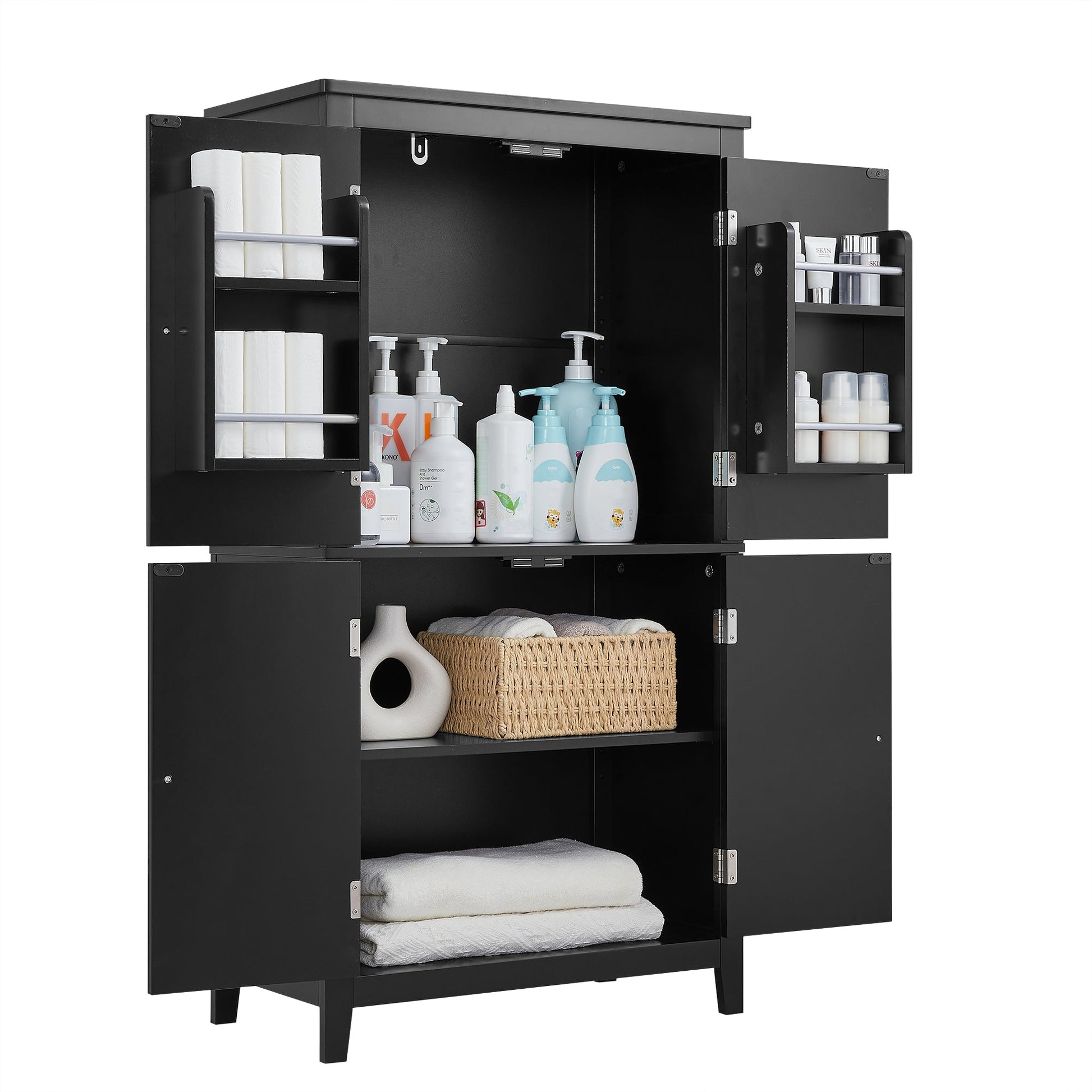Bathroom floor storage cabinet, bathroom storage cabinet, 4-door independent cabinet, adjustable shelf, adaptive shelf, black eprolo