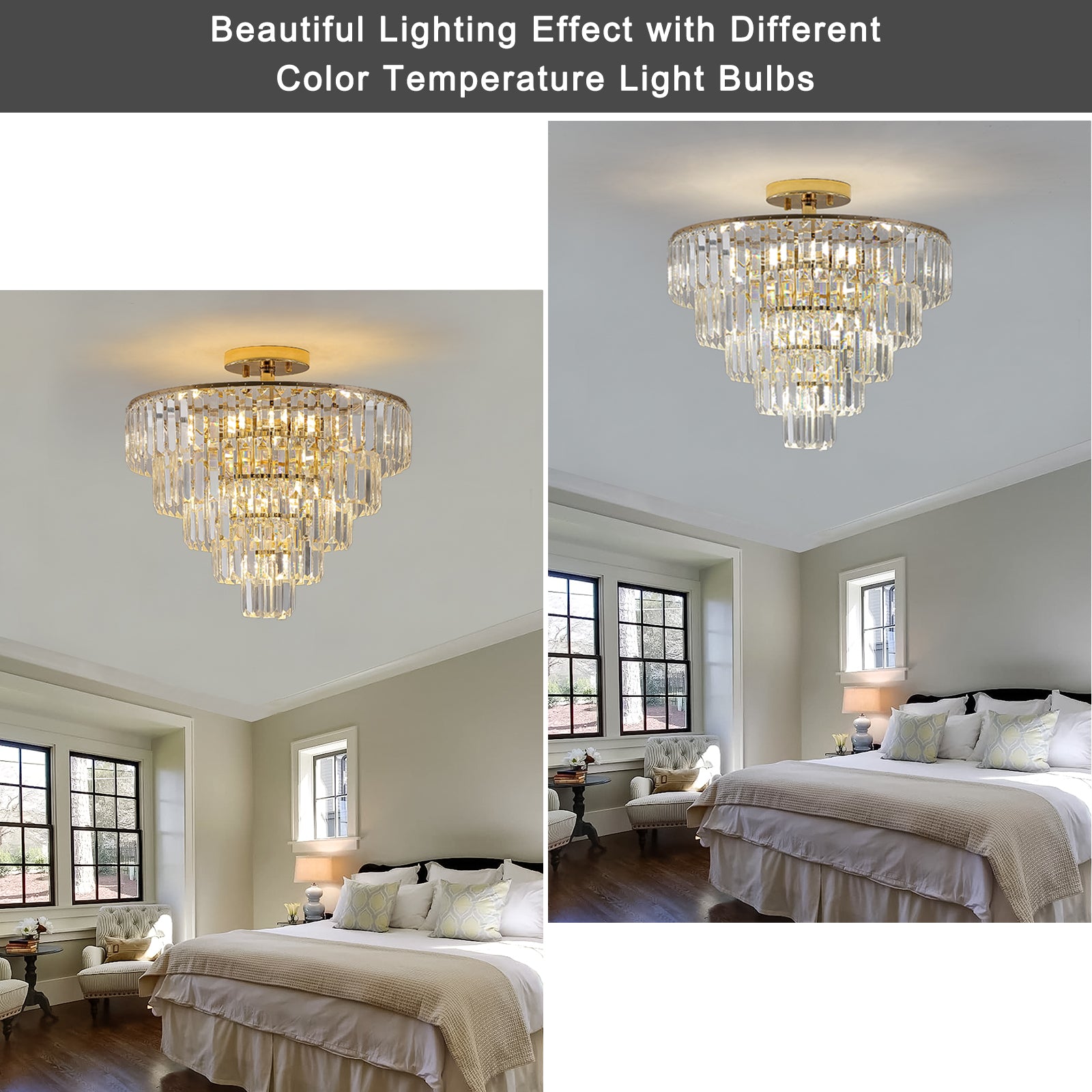 Gold Crystal Chandeliers,5-Tier Round Semi Flush Mount Chandelier Light Fixture,Large Contemporary Luxury Ceiling Lighting eprolo