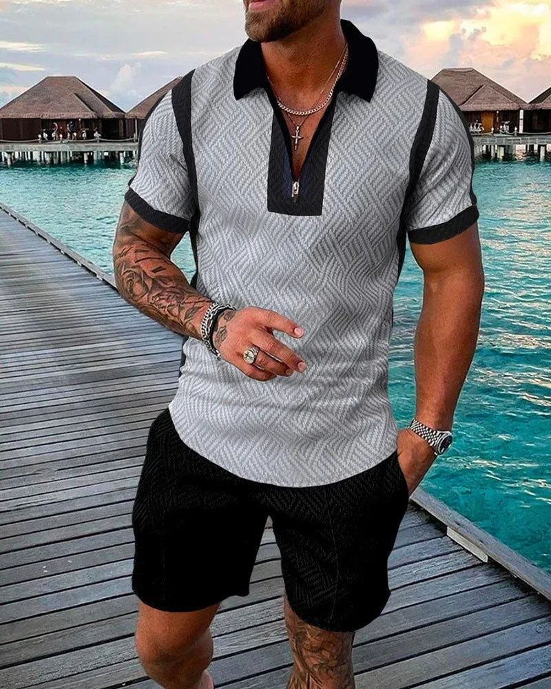 New Men's Fashion Casual Suit 3D Print Zip Short Sleeve Polo Shirt Shorts 2 Piece Set - Shello's Creative Boutique