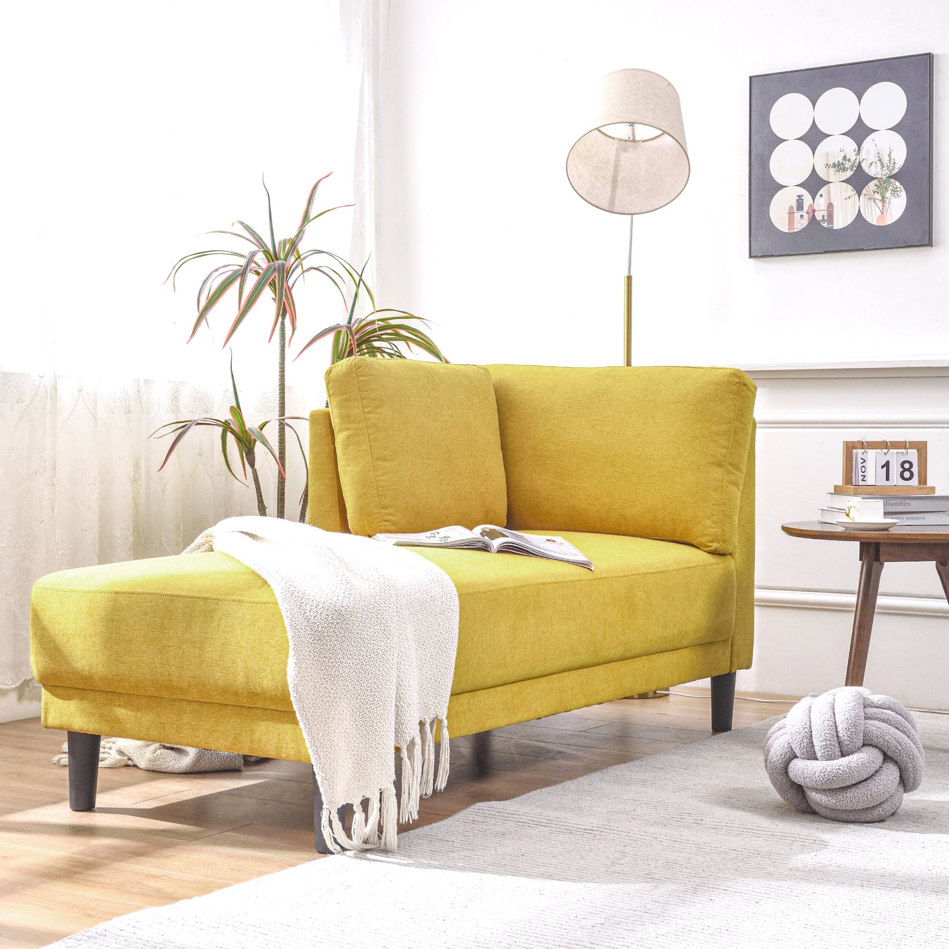 65" Mid-Century Modern Fabric Corner Lounge Chair Upholstered Indoor Chaise Lounge for Bedroom eprolo