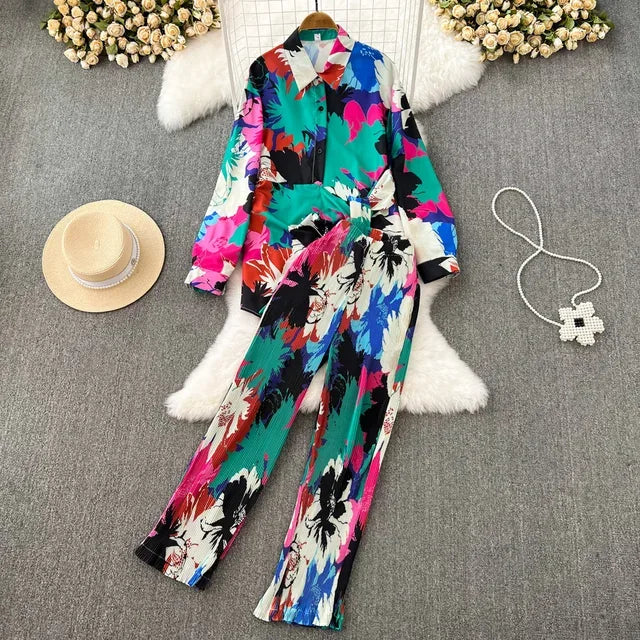 Spring Women Sleepwear Casual Loose Tie-dyed Trousers Suit Long Sleeve Shirts Blouses Wide Leg Pant Female Pajamas 2 Pieces - Shello's Creative Boutique