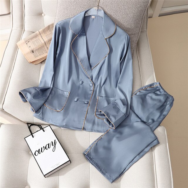 2 Pieces Faux Silk Satin Pajamas Set Autumn Women Sleepwear eprolo