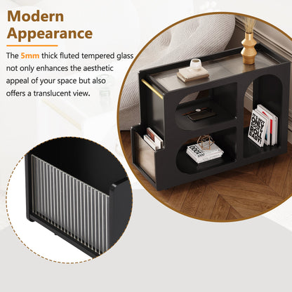 Stylish mobile desk with lockable wheels,bedside table with 5mm thick grooved tempered glass and gold round bars ，black eprolo