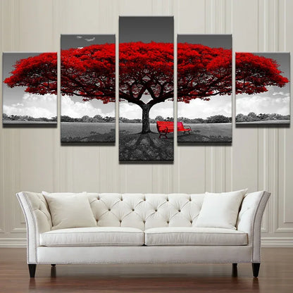 Modular Canvas HD Prints Posters Home Decor Wall Art Pictures 5 Pieces Red Tree Art Scenery Landscape Paintings Framework PENGDA - Shello's Creative Boutique