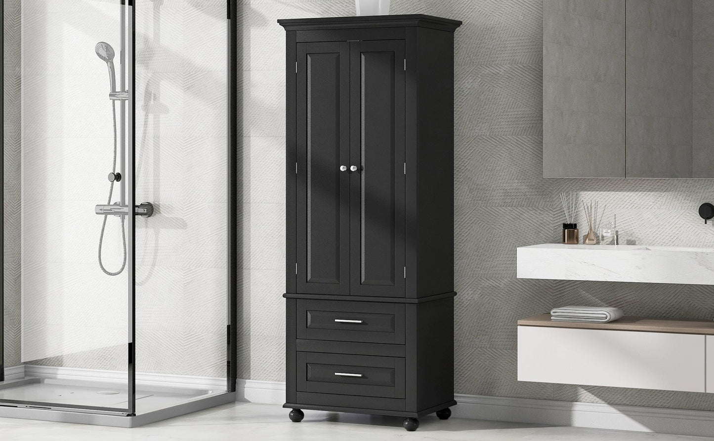 Tall Storage Cabinet with Two Drawers for Bathroom/Office, Black eprolo