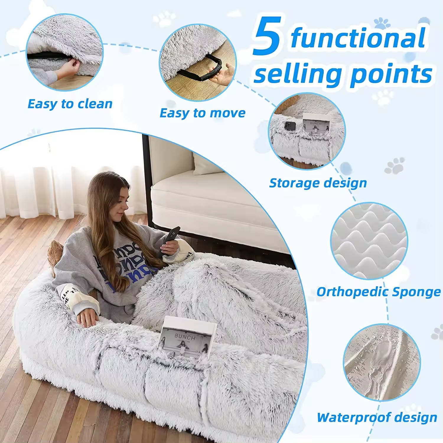 Human dog bed, size 71 inches x 40 inches x 12 inches, washable faux fur dog bed - gray