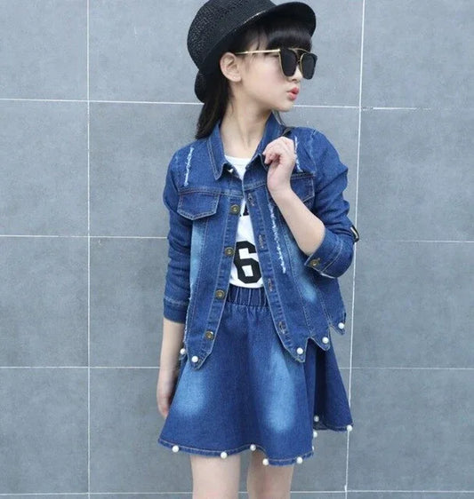 Children Clothing Set Boutique Outfits Long Sleeve Denim Jacket Beaded Denim Skirt Two Piece Teenage Girls Clothes 10 12 Years - Shello's Creative Boutique