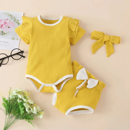 Autumn and winter foreign trade children's clothing solid color pit striped cotton long-sleeved romper with bowknot trousers three-piece suit - Shello's Creative Boutique