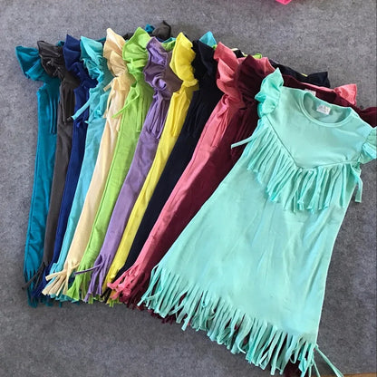 baby girls spring summer solid Tassels cotton dress boutique all-match clothing kids wear fringe multi color mint hot sale - Shello's Creative Boutique