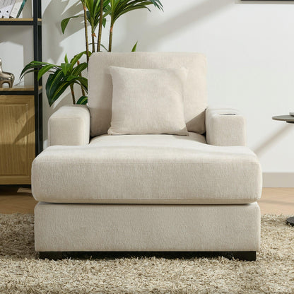 39.7" Oversized Chaise Lounger Modern Style Sofa Couch ,with Pillows, Charge Station & Cup Holders, Chenille Fabric, Cream - Shello's Creative Boutique