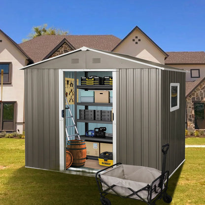 8ft x 6ft Outdoor Metal Storage Shed with Window Grey(W540S00016) - Shello's Creative Boutique
