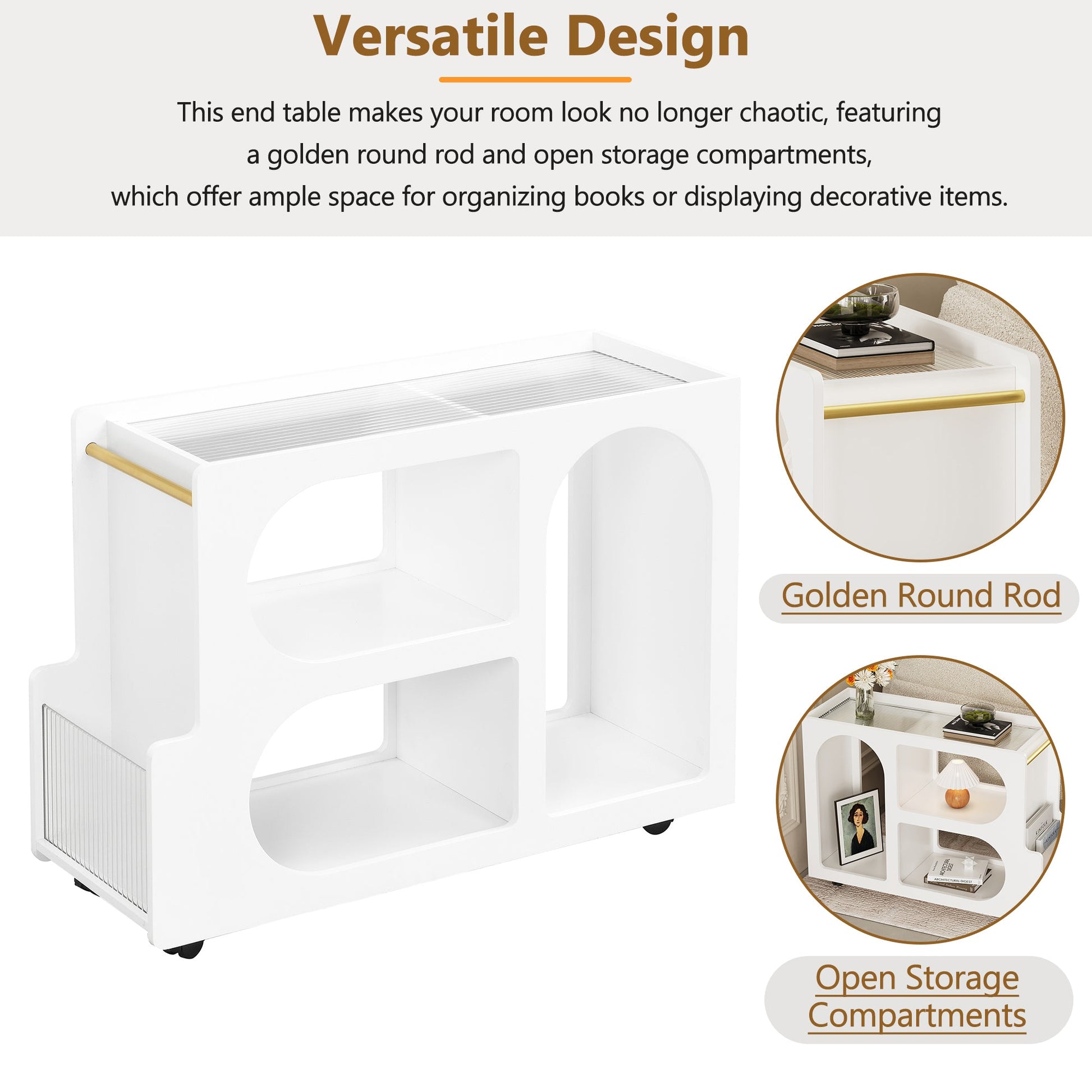 Stylish mobile desk with lockable wheels, white bedside table with 5mm thick grooved tempered glass and gold round bars eprolo