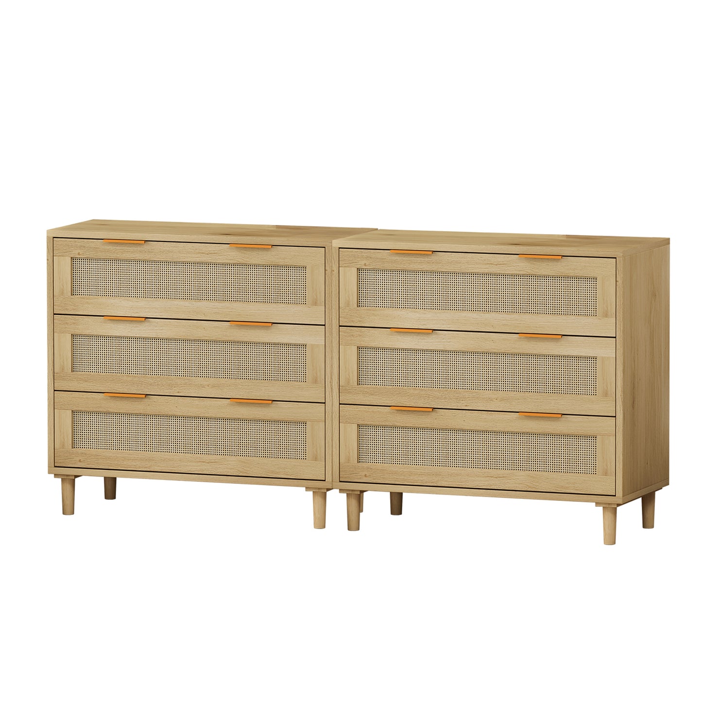 Premium 3-Drawer Rattan Storage Cabinet Set - Oak Finish (Set of 2)